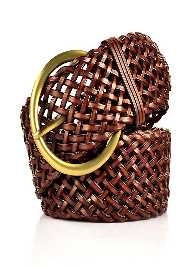 ANNULOYA 2 Inch Wide Leather Braided Belts for Women Hand Made Soft Woven Waistbands with Round Golden Pin Buckle (Brown) - Image 1